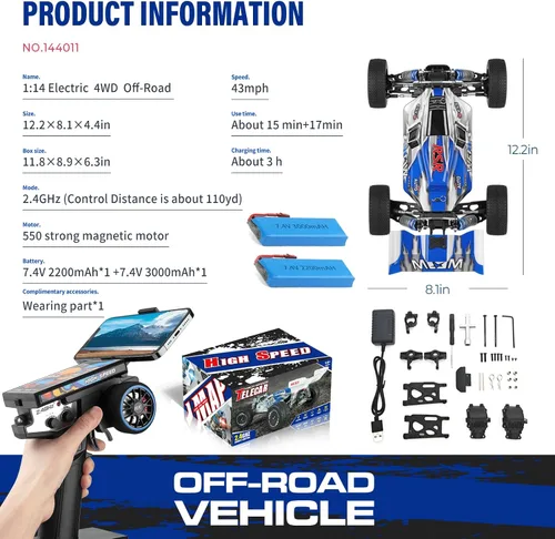 Miniatura 7 de WLtoys 144001 V2 1/14 RC Cars, 4WD Control remoto de alta velocidad para adultos, diseño de iluminación creativa, hardware y batería actualizados