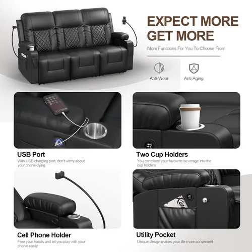Miniatura 3 de FURNIMAT Sofá reclinable, sofá reclinable doble de 3 asientos, sofá biplaza de piel sintética, moderna silla reclinable para sala de estar, con Negro