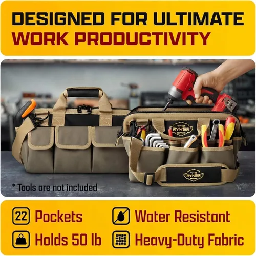 Miniatura 3 de Las bolsas de herramientas resistentes Ryker para hombres/mujeres. Bolsa organizadora de herramientas pequeña de boca ancha de 14 pulgadas