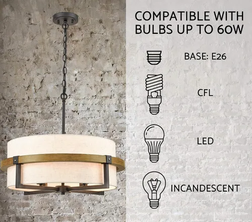 Miniatura 7 de Candelabro de tambor rústico de 4 luces para comedor con pantalla de tela blanca rota