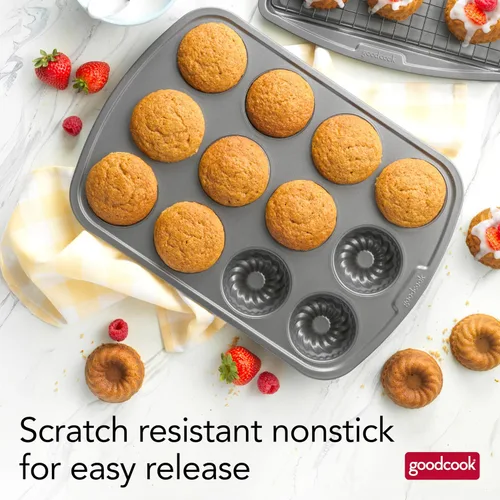 Miniatura 3 de GoodCook Mini molde estriado diario para tartas de construcción de acero antiadherente, hace 12 mini pasteles flautados, color gris