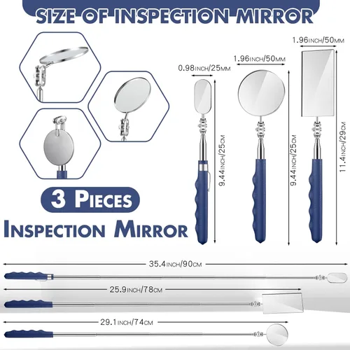 Miniatura 2 de Copkim 3 piezas de espejo de inspección telescópico de acero inoxidable extensible con mango largo para técnicos, mecánicos, contratistas