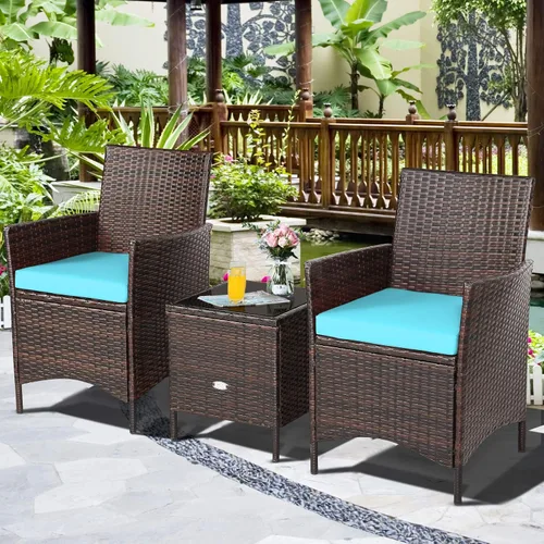 Miniatura 10 de Juego de muebles de patio de 3 piezas, muebles de mimbre para exteriores con cojín resistente al agua y mesa superior de vidrio templado, juego