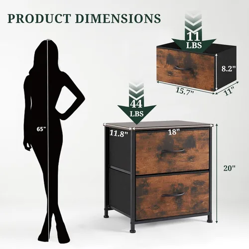 Miniatura 3 de Mesita de noche, cómoda pequeña de 2 cajones mesa auxiliar muebles de cabecera, contenedores de tela con superficie de madera para dormitorio, Marrón