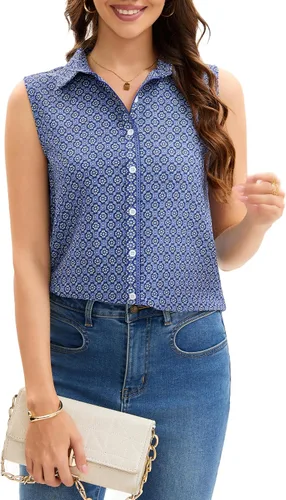 Miniatura 22 de JTD Camisas sin mangas con botones para mujer, tops casuales con cuello, camiseta sin mangas con cuello en V, blusas de verano para trabajo