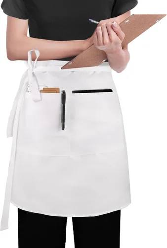 Miniatura 8 de Delantal de cintura blanca con 2 bolsillos, medio delantal blanco para mujer, delantal de camarera para cocina, restaurante, bistró, cafetería