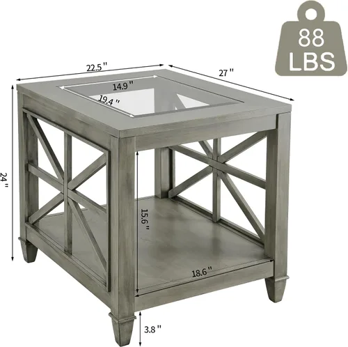Miniatura 2 de Mesa auxiliar de madera maciza de 2 niveles con vidrio templado, mesa auxiliar cuadrada de madera para sofá, mesita de noche rústica con soporte