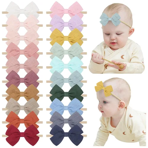 Miniatura 12 de Jollybows 20 diademas con lazo para el pelo, de nailon, bandas de lino elásticas, accesorios para el pelo para niñas, niños y bebés recién nacidos
