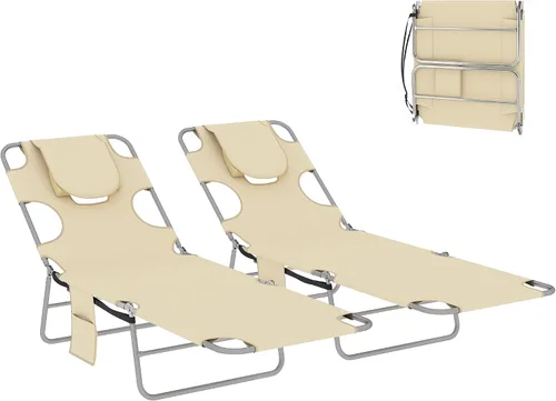 Miniatura 11 de Outsunny Tumbona para exteriores con agujero para el brazo facial, silla de bronceado reclinable de 5 posiciones con correa de transporte, bolsillo