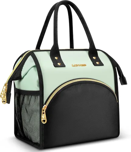Miniatura 14 de Bolsa de almuerzo aislada para mujer, bolsa de almuerzo de apertura amplia, soporte grande para bebidas, organizador térmico de nailon duradero