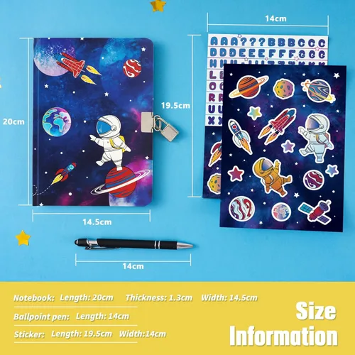 Miniatura 7 de WERNNSAI Diario Luminoso Espacial para Niños, Diario Secreto con Llaves de Cerradura, Cuaderno de Diario con Bolígrafo y Calcomanías, Regalo