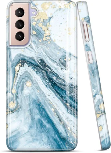 Galaxy S21 - Funda para Samsung Galaxy S21 5G de 6.2 pulgadas 2021, diseño de mármol con purpurina dorada, delgada, a prueba de golpes, de goma Azul
