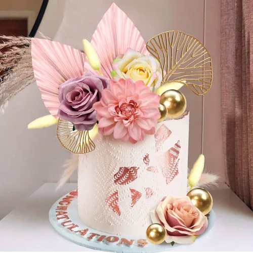 Miniatura 7 de DRWATE Topper para Tartas, 11 Piezas de Flores Bohemias con Hojas Doradas, Decoraciones para Tartas para Bodas, Baby Shower, Suministros