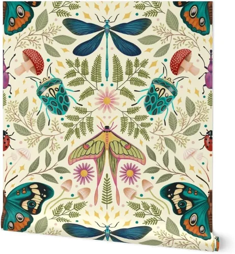 Muestra de papel tapiz extraíble – insecto damasco insecto botánico grande Jumbo polilla mariposa bosque hongo beige verde azul papel pintado