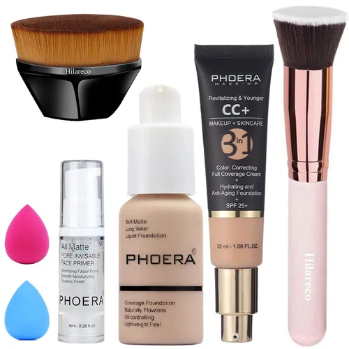 PHOERA CC+ Crema Corrector de Color Anti Envejecimiento Hidratante Suero y SPF 25+, PHOERA Primer, Maquillaje, Brochas de Maquillaje Kabuki Brocha