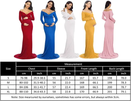 Miniatura 5 de ZIUMUDY - Vestido ajustado de maternidad con cuello en V fruncido, hombros descubiertos, manga larga, maxivestido para fotografía