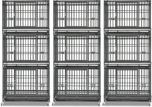 Miniatura 14 de Homey Pet Paquete de 2 jaulas apilables de tres niveles de 43 pulgadas para perros con ruedas, jaula de acero indestructible para perros