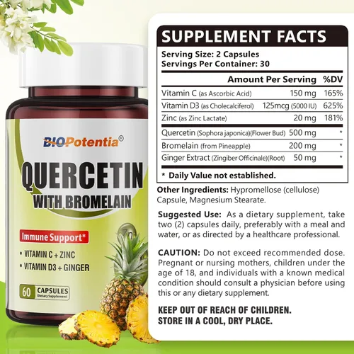 Miniatura 2 de Quercetina con bromelina, 500 mg de quercetina con 200 mg de bromelina y vitamina C vitamina D3, apoya la salud celular y la salud inmunitaria