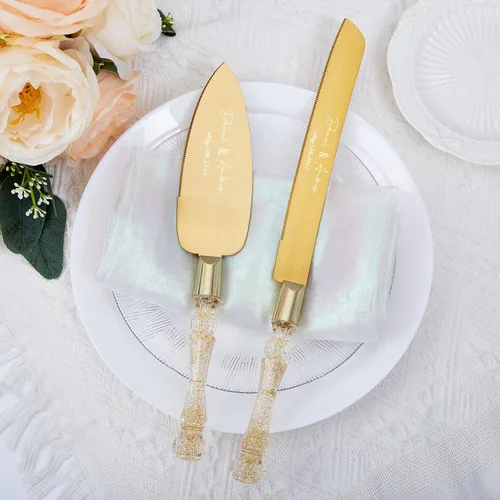 Miniatura 7 de Juego de cuchillo personalizado para tartas y servidor, cuchillo y servidor para tartas doradas, cubiertos de boda personalizados para una ceremonia