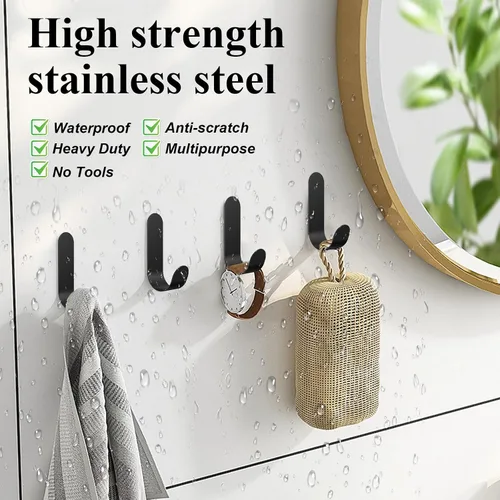 Miniatura 2 de ATDOALL Ganchos adhesivos para toallas, 20 ganchos de pared autoadhesivos de acero inoxidable, gancho de ducha negro resistente, impermeable, a