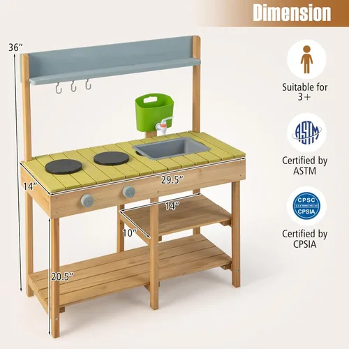 Miniatura 8 de Costzon Cocina de madera para niños, cocina de barro al aire libre con fregadero extraíble, caja de agua y grifo, parte superior de la estufa, Verde