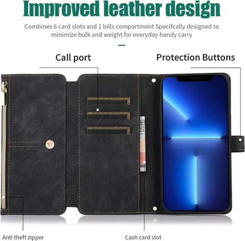 Miniatura 8 de Compatible con iPhone 13 Pro Max - Funda cruzada para mujeres y niñas, bolso de mano con tarjetero con cremallera, tapa y correa de hombro de piel
