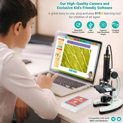 Miniatura 4 de IQCREW - Microscopio prémium de 85 piezas, cámara a color y kit de software interactivo para niños con juego de diapositivas preparadas de 48 piezas