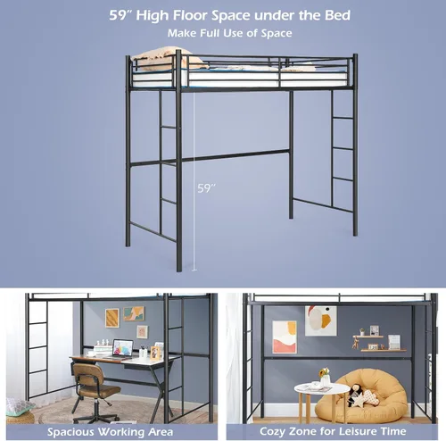 Miniatura 4 de Giantex Cama alta de metal tamaño individual, marco de cama alta resistente con 2 escaleras, litera individual sobre loft con protector de longitud