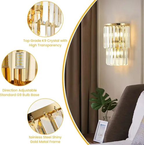 Miniatura 7 de Siljoy Lámpara de pared moderna de cristal de 2 niveles, lámpara de pared de cristal de 2 niveles, espejo dorado de acero inoxidable K9, aplique
