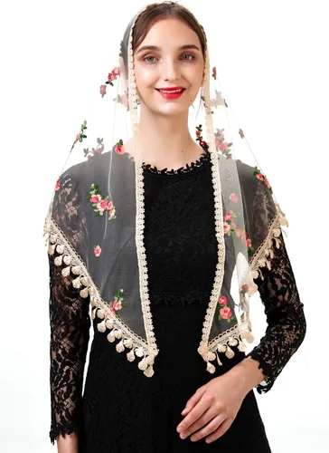 Miniatura 2 de PAMOR Triángulo pequeña flor capilla velos bordados bufanda mantón latino masa cabeza cubierta Mantilla velo para iglesia
