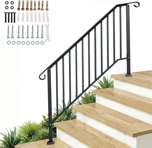 Miniatura 10 de Outvita Pasamanos para escalones al aire libre, pasamanos de hierro forjado para 2 o 3 escalones, pasamanos de transición con kit de instalación