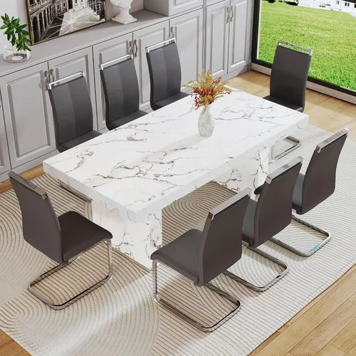 Miniatura 46 de gopop Mesa de comedor de mármol de 63 pulgadas, tablero de mesa de comedor MDF con patrón de mármol y base para cocina y comedor.