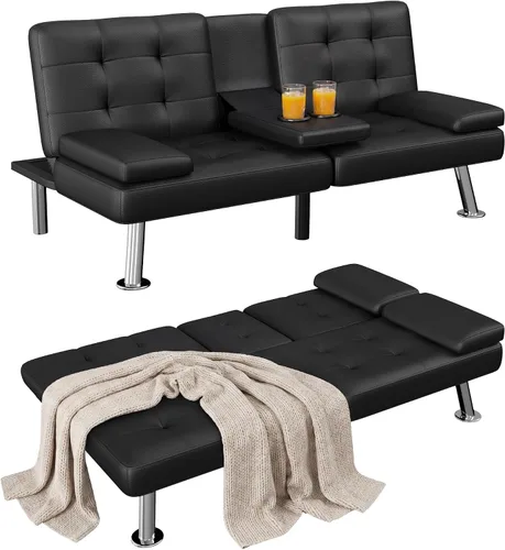Homall Sofá Cama Futón, Sofá Futón de Cuero con Reposabrazos Removibles, Sofá Cama Reclinable para Dormir Ajustable con Portavasos Dobles para Sala