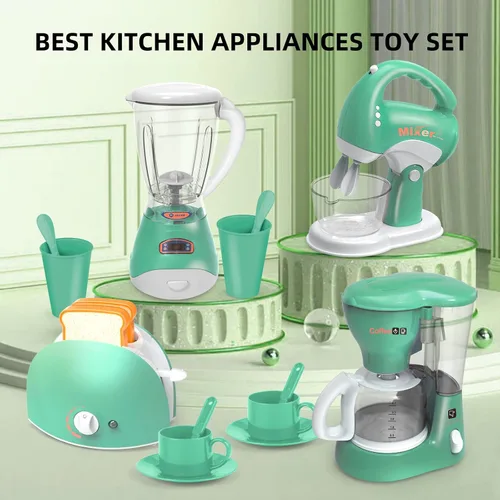 Miniatura 7 de Yalujumb Juego de juguetes de cocina, juego de electrodomésticos de cocina con cafetera, mezclador, tostadora con luces y sonidos realistas, regalo