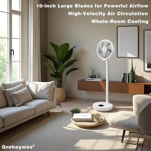 Miniatura 3 de Ventilador oscilante plegable recargable de 10 pulgadas, ventilador de pie con batería de 7200 mAh con control remoto, 6 velocidades y función