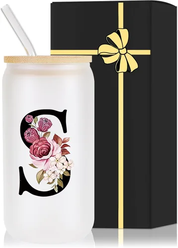 Miniatura 19 de Vaso de vidrio con monograma con tapa de bambú, popote personalizado, vaso de café helado de 16 onzas, tarro transparente de masón, cerveza, agua