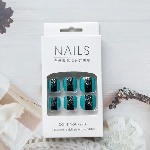 Miniatura 5 de Uñas cortas a presión, uñas postizas de acrílico brillante con forma cuadrada con diseño de purpurina plateada, cobertura completa, uñas postizas