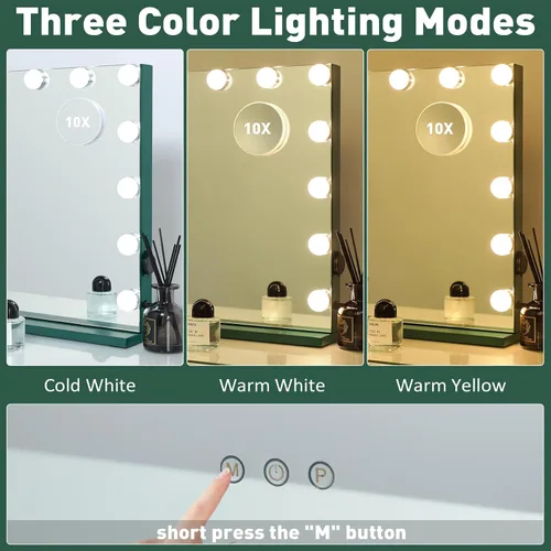 Miniatura 3 de HOMPEN Hollywood Vanity Mirror Makeup Mirror with Lights, Touch Screen, 3 Color Modes Frameless Tabletop Mirror with 17 Dimmable Bulbs, Green