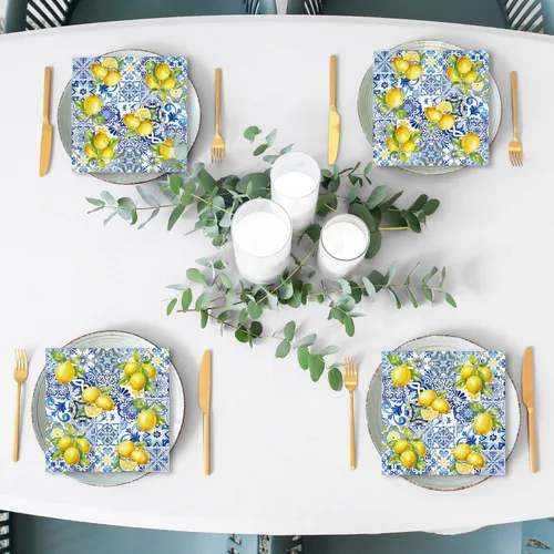 Miniatura 6 de JarThenaAMCS 80 servilletas de papel con azulejos y limones, servilletas desechables azules y amarillas, servilletas decorativas de cítricos