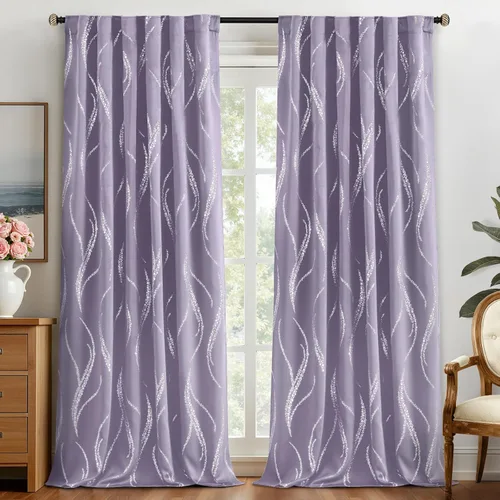 Miniatura 77 de Yakamok Cortinas opacas de 84 pulgadas de largo para sala de estar, con aislamiento térmico, patrón de líneas onduladas doradas, patrón de puntos