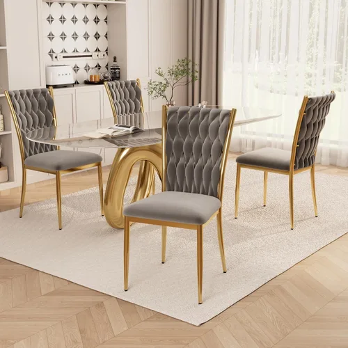 Miniatura 31 de Juego de 2 sillas de comedor de terciopelo, modernas sillas de cocina tejidas con patas de metal dorado, cojín tapizado con respaldo alto