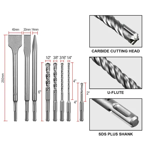 Miniatura 2 de SALI Juego de brocas de martillo giratorio SDS Plus de 8 piezas, kit de brocas para hormigón, material de carburo de doble rosca tipo cruz, adecuado