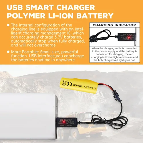 Miniatura 5 de 3 unids 3.7 V 1000 mAh batería de iones de litio con cable de carga USB para TB202 TB201 TM202 TC141 DE35 DE38 DE40 DE50 DE84 S767 SL-356A 1220A RC
