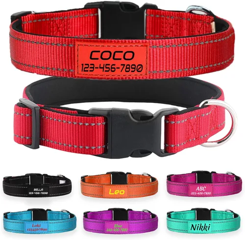 Miniatura 9 de Collar de perro de nailon reflectante personalizado con nombre y número de teléfono personalizados, 5 tamaños y 3 fuentes, acolchado de neopreno