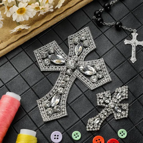 Miniatura 4 de Suncalla 6 parches de cruz de diamantes de imitación plateados con apliques de cristal para planchar en la ropa, parches para ropa, bolsos, Plata