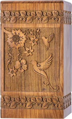 Urna de Palisandro Tallada a Mano con Diseño de Colibrí para Cenizas Humanas de Adultos Hombres y Mujeres - Tallado Floral Capacidad 180 libras -