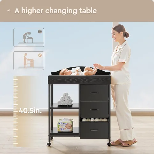 Miniatura 2 de YeTom Mesa Cambiador Cómoda, Cómoda para Bebé con 3 Cajones de Tela y 2 Estantes, Mesa Cambiador Multifuncional para Bebé con Almohadilla, Cómoda