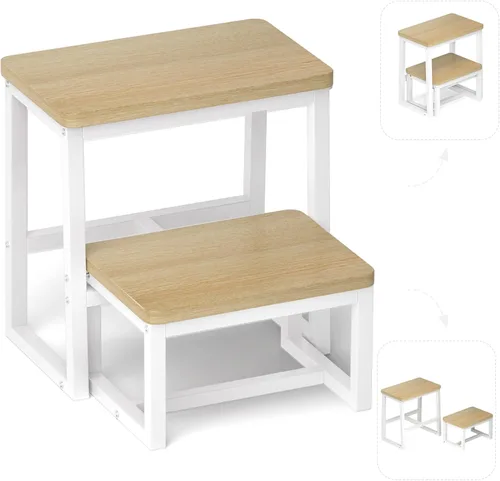 Miniatura 11 de Taburete de Paso para Adultos y Niños, Soporta hasta 227 kg, 3 en 1 Taburete de Madera Resistente de 2 Escalones para Cocina/Baño/Camas Altas, Marco