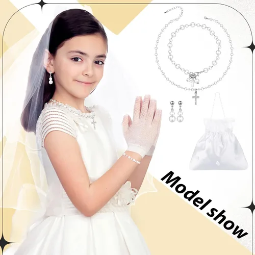 Miniatura 6 de Juego de 5 accesorios para la primera comunión para niñas, incluye lazo y dije colgante con velo en peine para el cabello, bolso de flores de satén