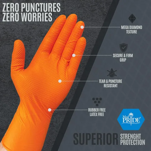 Miniatura 4 de MED PRIDE Maxx Strength - Guantes industriales de nitrilo naranja, 8 mil de grosor, textura de diamante, desechables, resistentes, resistentes a